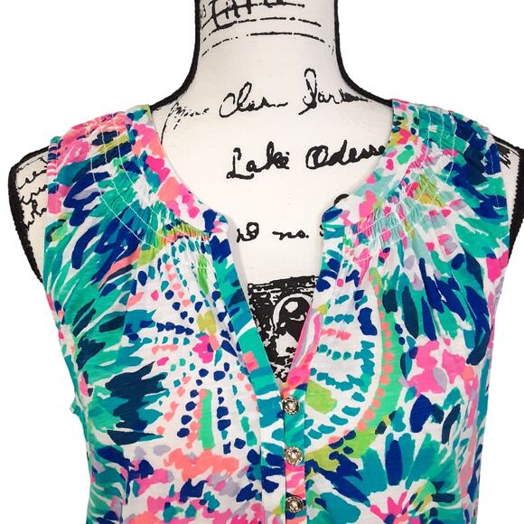 Lilly Pulitzer Essie Top Smocked Tank Top Dive In Multi Womens XL Sleeveless - Picture 2 of 9